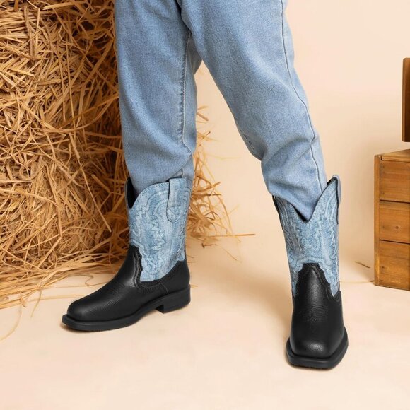 Toddler Kids Cowboy Boots Western Mid Calf Square Toe Black Boots for Boys Girl - Picture 6 of 6